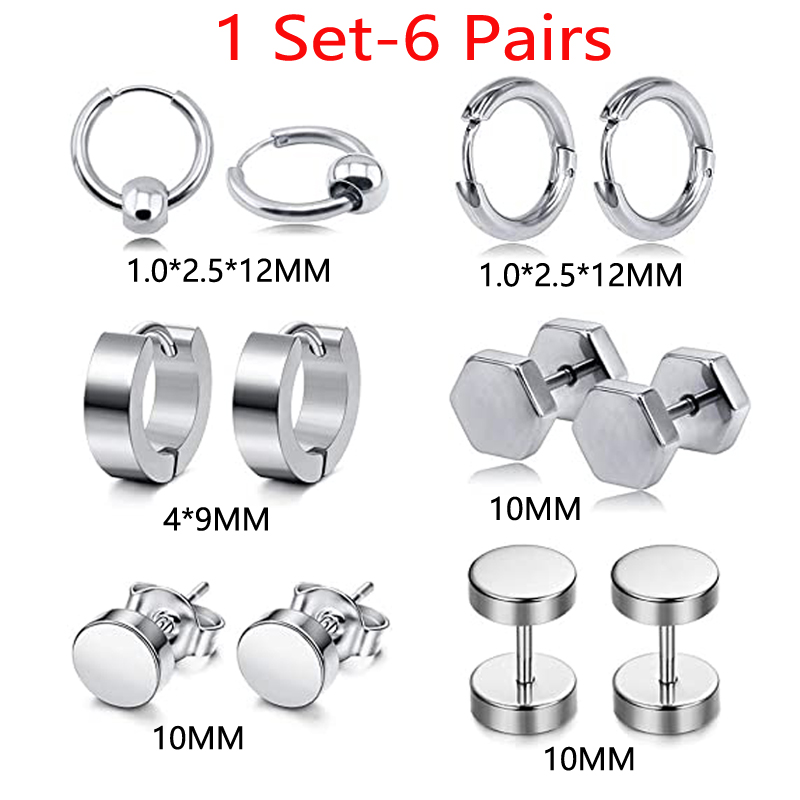 6 Pairs Stainless Steel Black Stud Earrings for Men And Women Huggie Hoop Earrings Set Cartilage Ear Body Piercing: Mix Set-6 pairs