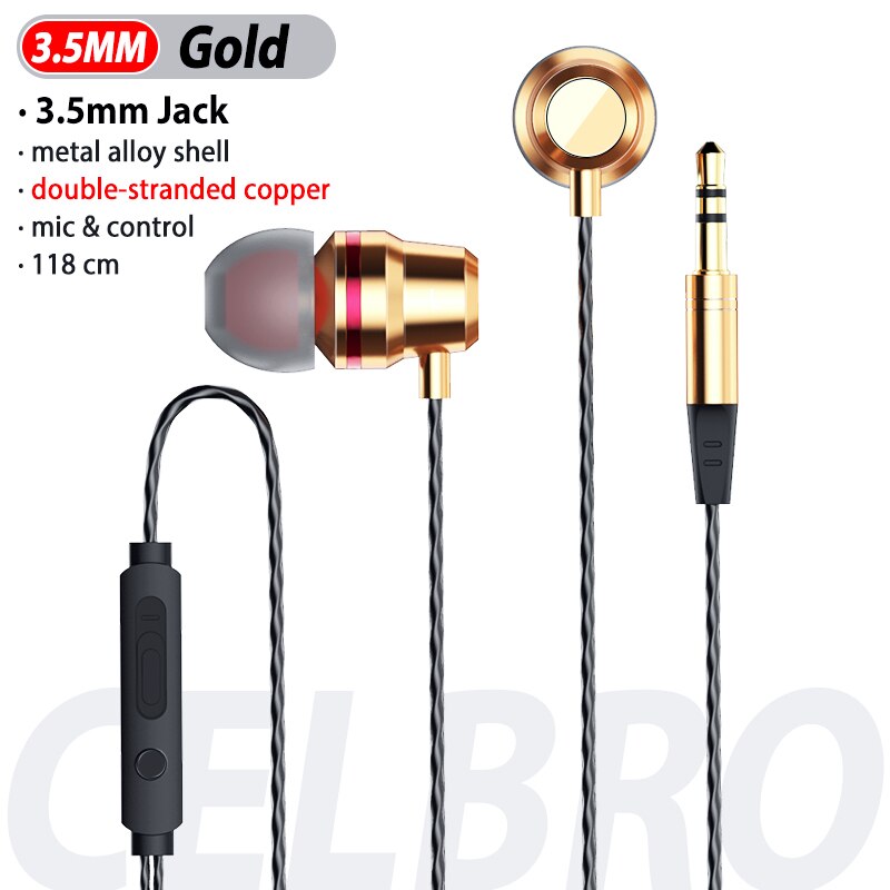 Auriculares estéreo de 3,5mm para deporte, auriculares de 3,5mm con conector USB C, auriculares con micrófono y línea de Control de música para teléfono tipo C: 3.5 Gold