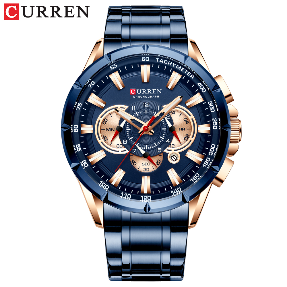 Curren 8363 Herenhorloge Zakelijk roestvrij staal Quartz Casual mode-polshorloge 6 wijzers Luxe Relogio Masculino: Blauw
