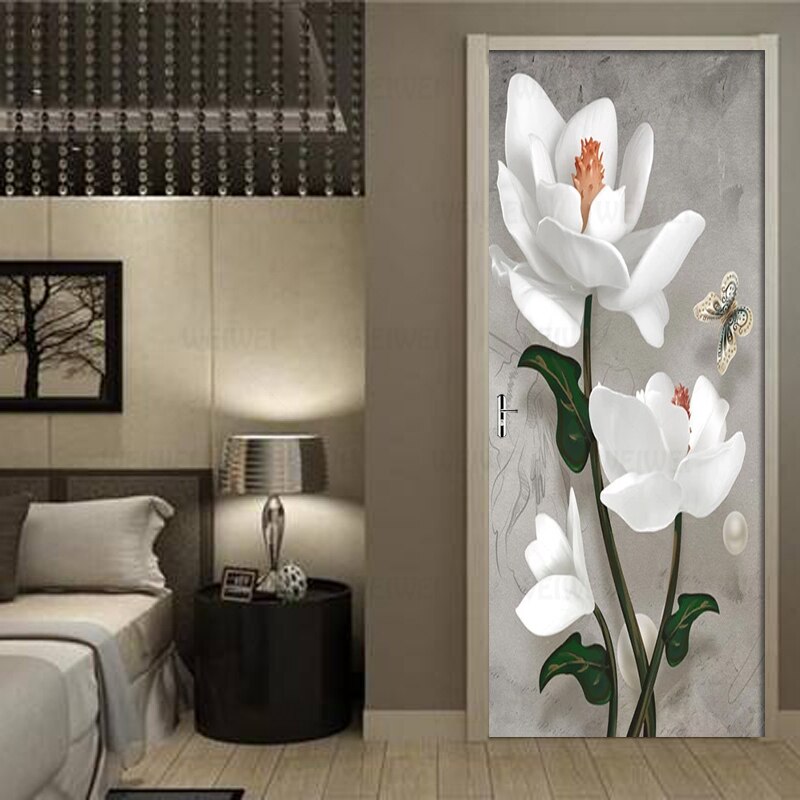 DIY Door Stickers 3D Embossed Flowers Retro Wall Stickers PVC Waterproof Self-adhesive Living Room Door Decor Detachable Decal