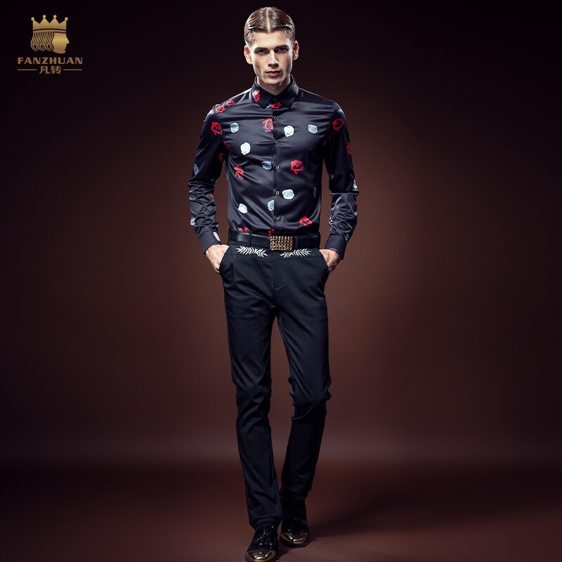 Chemise slim décontractée pour homme, non repassable, à la , avec impression de Rose, de personnalité européenne, automne 2093,