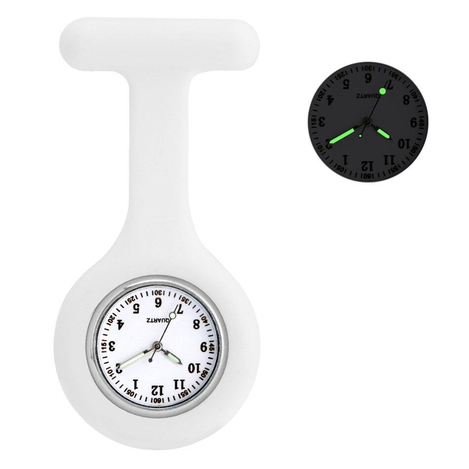 Reloj de bolsillo con puntero luminoso para enfermera, relojes de bolsillo de cuarzo con cubierta de silicona, Pin colgante para médico: White