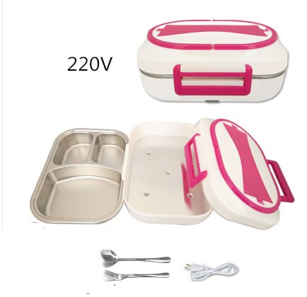 12V 24V 220V 1L Household Car Electric Heating Box With Stainless Steel Inner Mini Portable Electric Multi Cooker: pink 220V