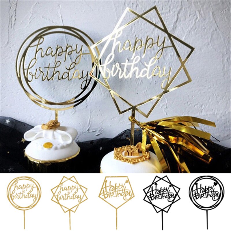 Adorno para pastel de feliz cumpleaños, banderas para decoración de pasteles de color dorado, plateado y negro, adorno para pasteles de