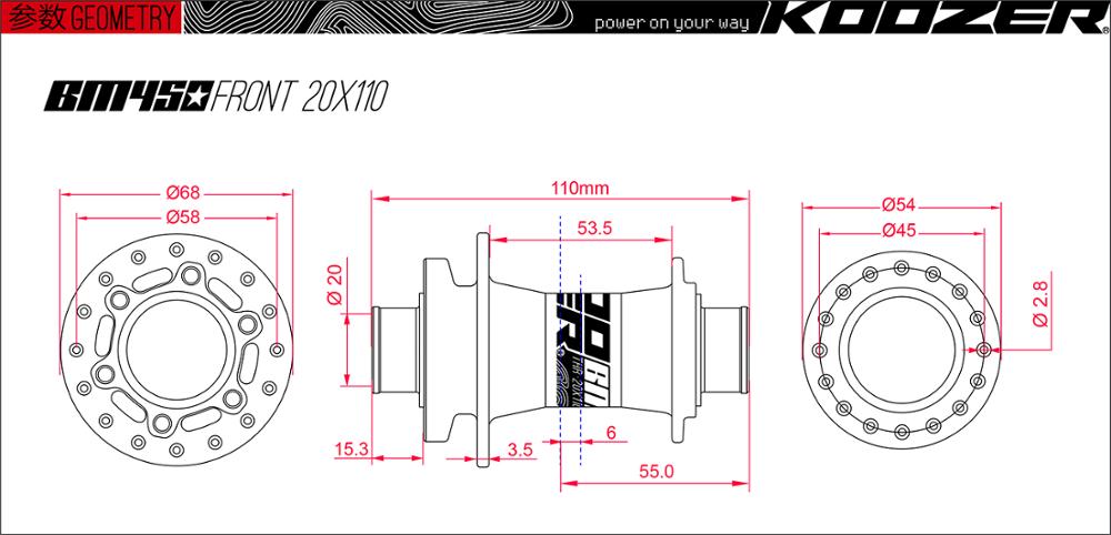 KOOZER - BM450 Bicycle Front Hubs, with 2 Sealed Bearings, 32H, FR / AM / DH, Mountain Bike Hubs, 110x20MM, New2020