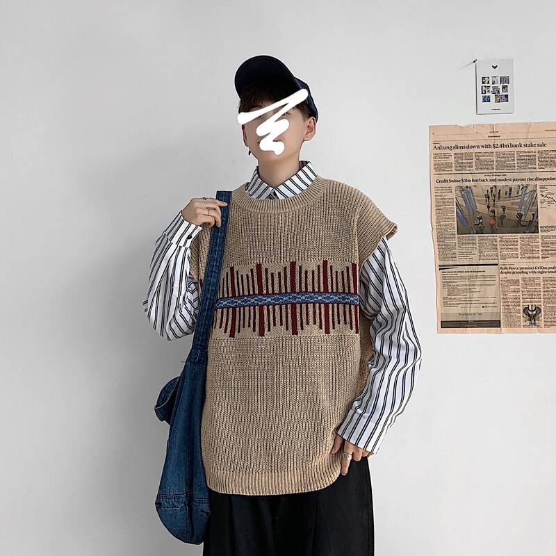Mannen Trui Vest Print Losse Gebreide Harajuku Eenvoudige Lente Herfst Mannetjes Leisure Chic Trendy Uitloper Koreaanse Stijl Mode: khaki / L