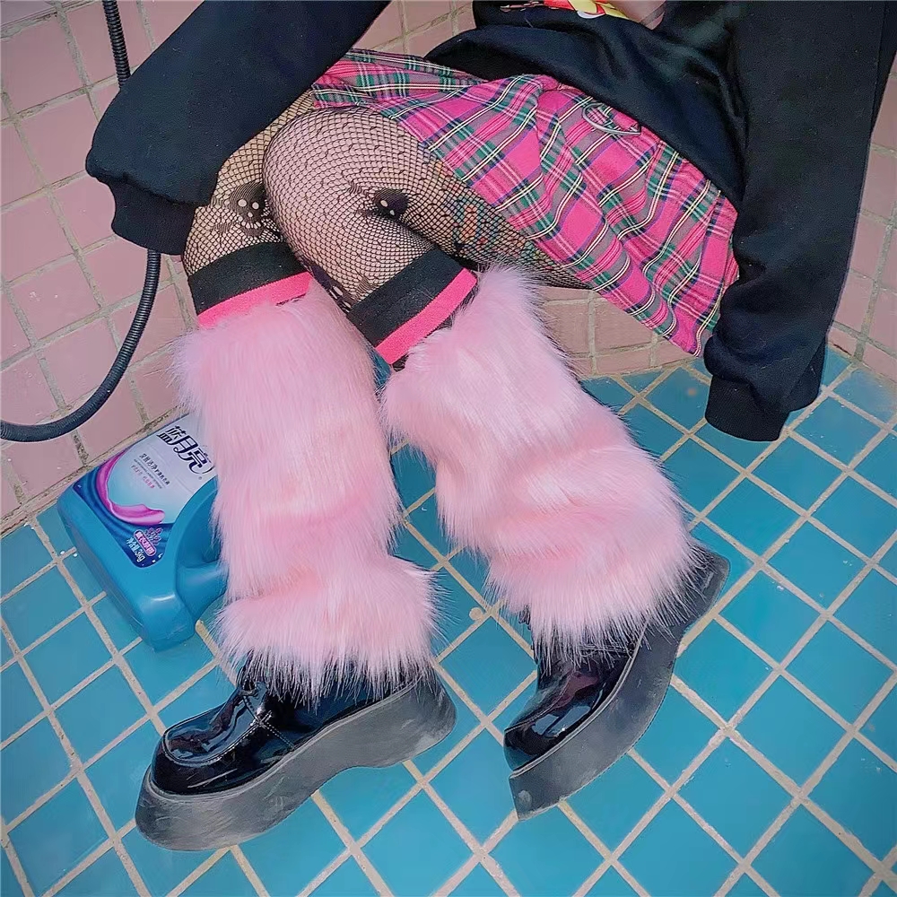 Calentadores de piernas peludos rosas Y2K Punk gótico calentadores de piernas de piel sintética cubiertas de botas señora lindo Jk hasta la rodilla Hipster calcetín cálido calcetines de
