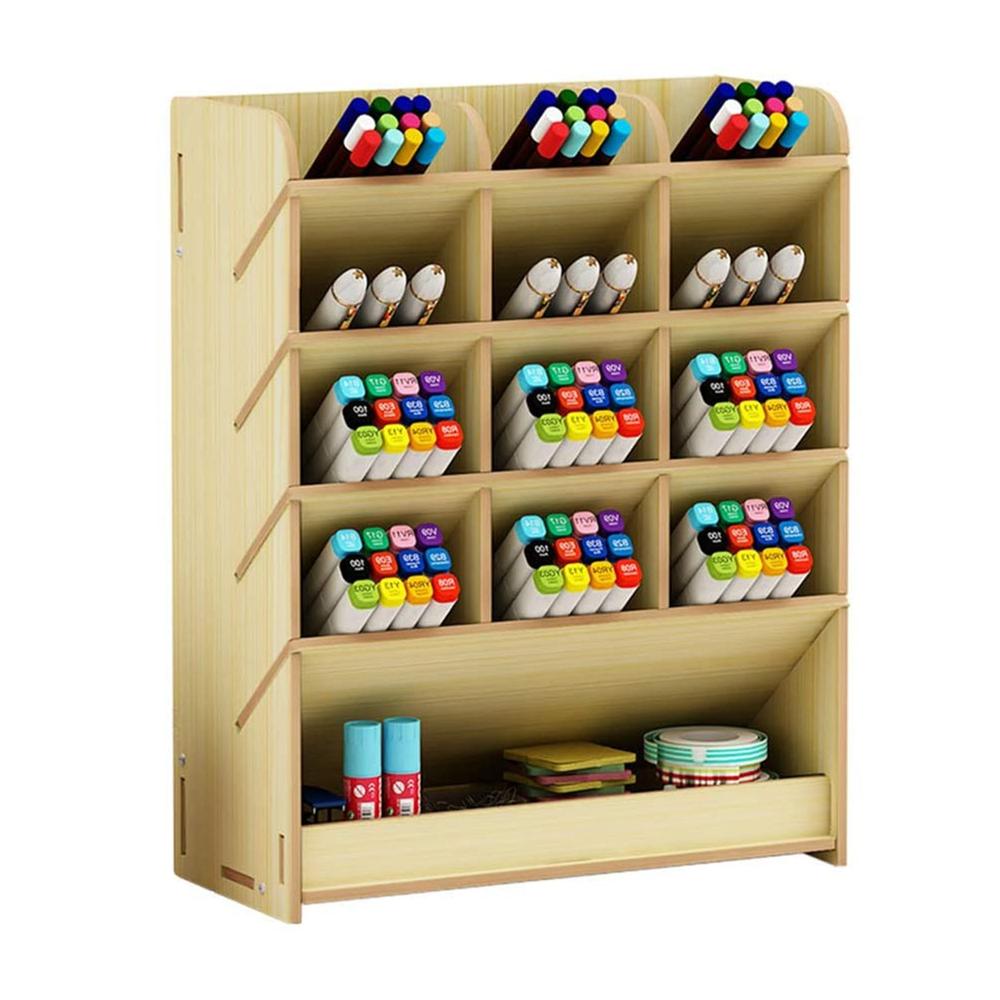 Wooden Desk Organizer Multi-Functional Pen Pencil Crayon Holder Storage Rack Box for Office School Home Supplies: White