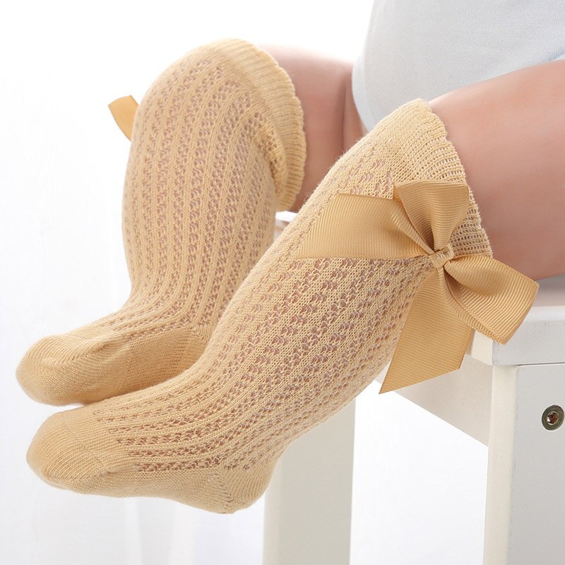 Calcetines de malla hasta la rodilla para bebé, medias de algodón de Color sólido, con bonitos lazos, para niña: yellow 2-3Y