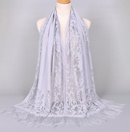 Women Cotton Polyester Floral Lace Scarf Shawl Tassels Party Wedding Lace Veil India Arab Muslim Hijabs Scarves: color 5 grey