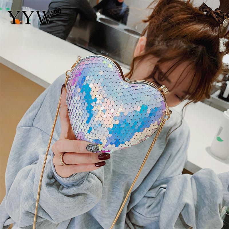 Heart Evening Clutch Bag For Women Sequin Cute Mini Chain Shoulder Bags Female Night Clutches Party Luxury