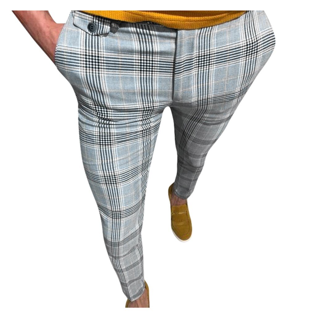 High wasit vårsommarficka herr slim fit rutiga byxor med raka ben casual penna jogger fritidsbyxor #g2: B / Xl