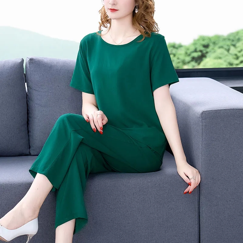 Women Pants 2-Piece Set Female Summer Set Middle aged Female Loose Tops+ Wide leg Pants Two-Piece Suit Short Sleeve Suit 4XL