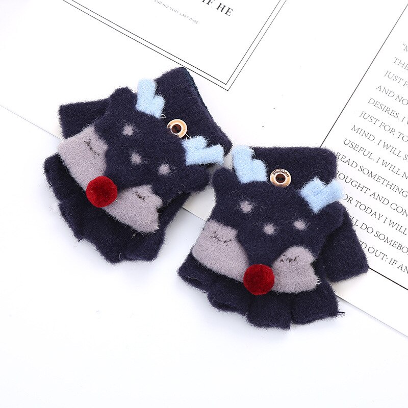 Winter Kinderen Jongens En Meisjes Baby Warm Herten Flip Half Vinger Warme Gebreide Wollen Handschoenen 2ST2: Navy blue