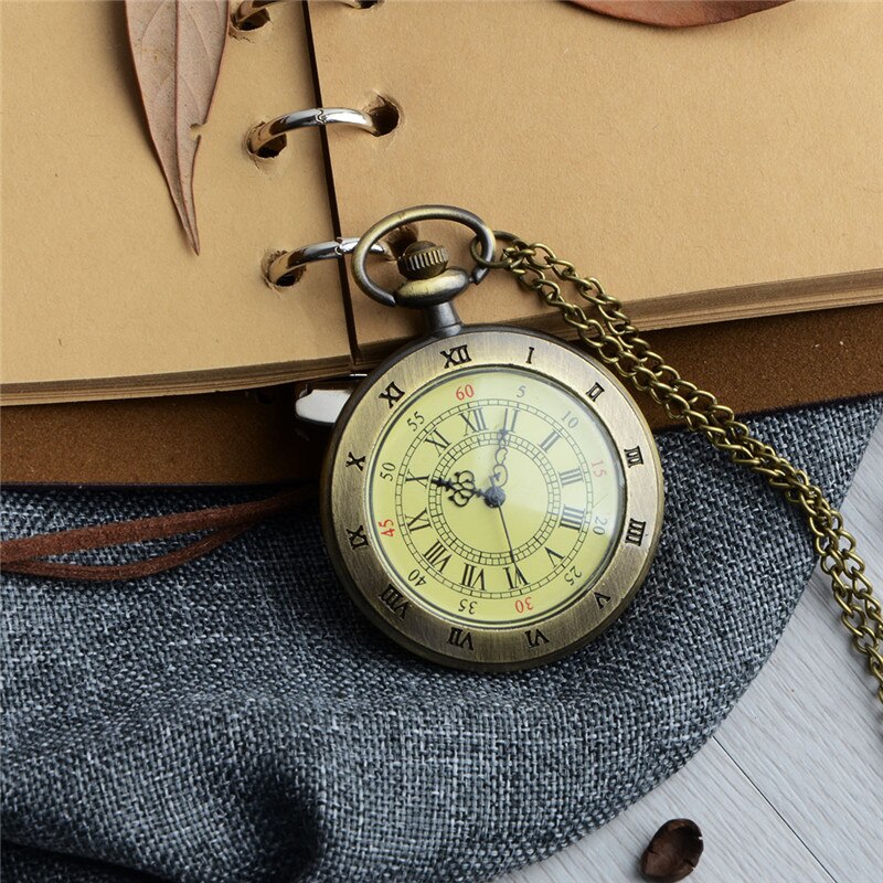 Unique Men Women Vintage Pocket Watch Roman Numerals Fob Watch 3 Dials Character Necklace Pendant Clock Time with Chain