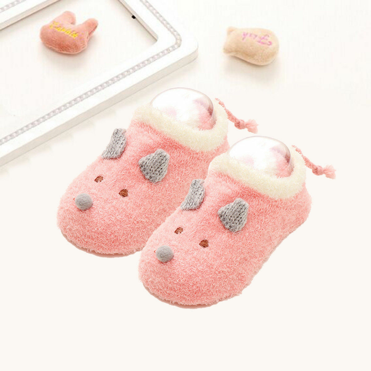 Brand Newborn Toddler Infant Baby Girl Winter Warm Socks Shoes Cartoon Furry Anti-slip Lace Cotton Socks Slipper Boots: Pink / 6 to 12 Months