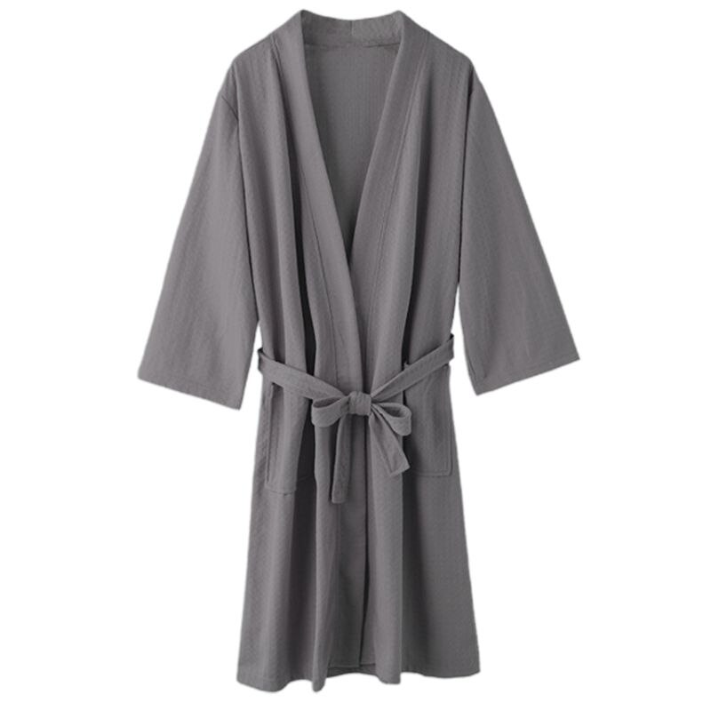 Unisex plus size løs badekåbe vaffelvævet sommer tynd kimono natkjole åben front bælte quick dry lounge nattøj: Grå / Xl