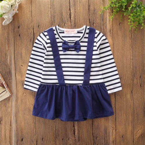 Newborn Baby Girl Boy Romper Jumpsuit Twins long sleeve bodysuit set Clothes Navy Stripe bowknot Outfits vestido bodysuit: Girls Dress / 18M