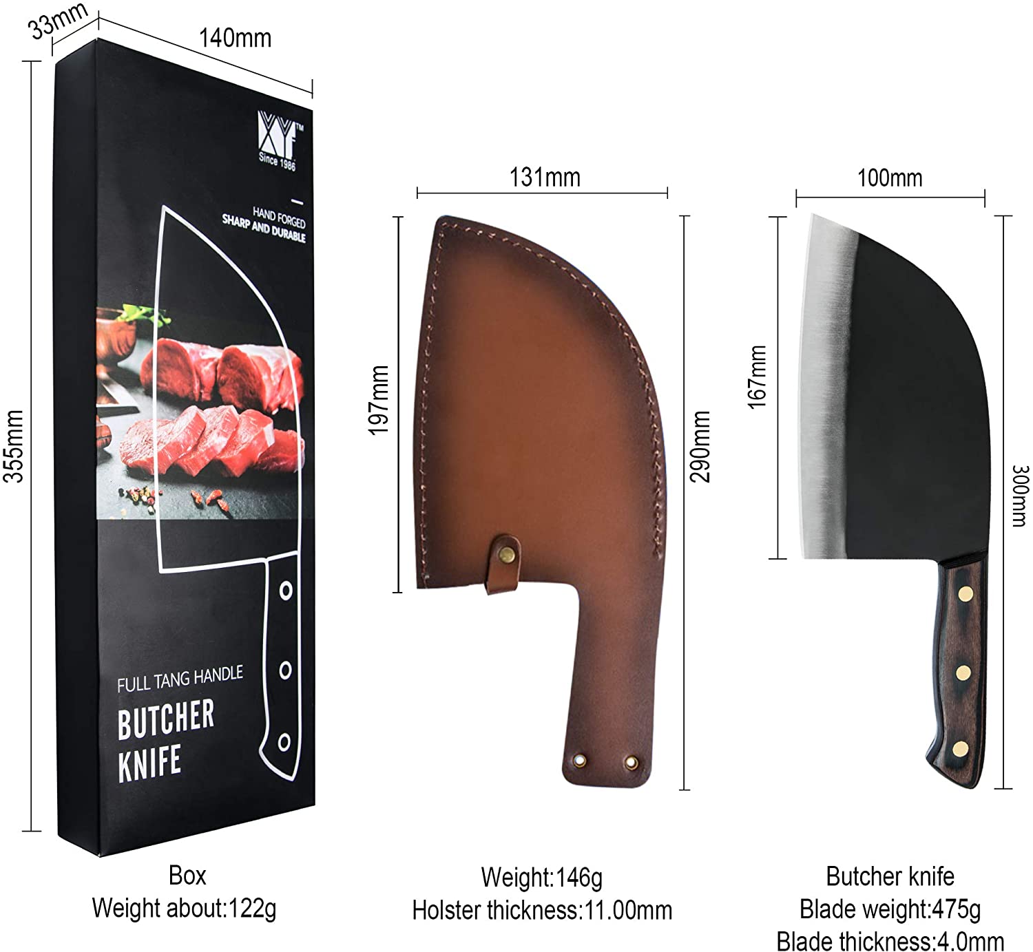 XYJ Serbisches Kochmesser 7 Zoll - Full Tang Küchenmesser Mit Blauem Comfort Ring