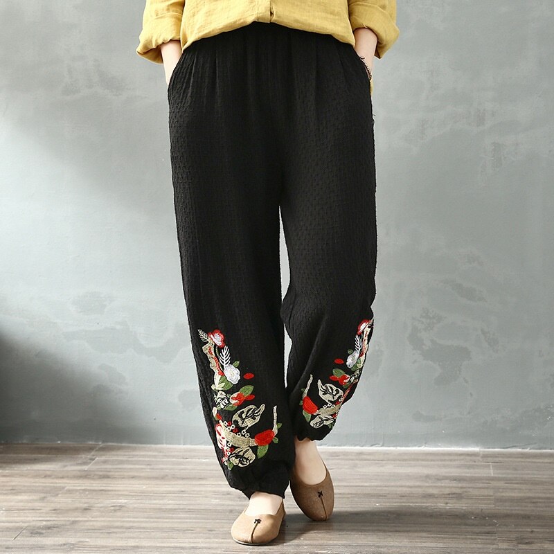 Pantalones étnicos de algodón para mujer, pantalón chino con bordado de flores, estilo Hippie, tobillero, para otoño y primavera,