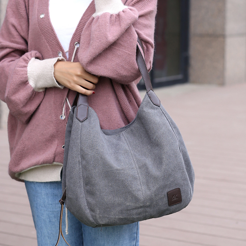 Stil lærredstaske kvinders taske alsidig kunstnerisk enkel koreansk stil en-skulder håndtaske multirum afslappet la