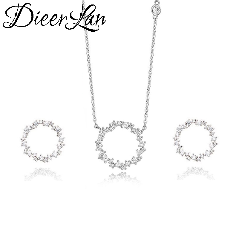 DIEERLAN Dubai Strass Schmuck einstellen 925 Sterling Silber Zirkonia Kreis Ohrringe Lange Kette Halsband Halsketten für Frauen Hochzeit