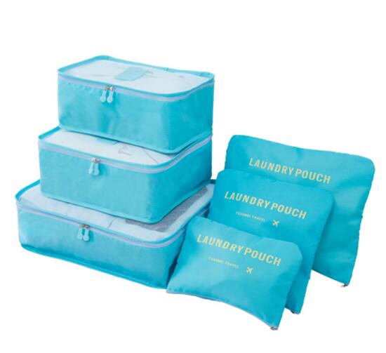 IUX 6 stks/set Mannen en Vrouwen Bagage Reistassen Verpakking Cubes Organizer Mode Dubbele Rits Waterdicht Polyester Zak: Sky Blue