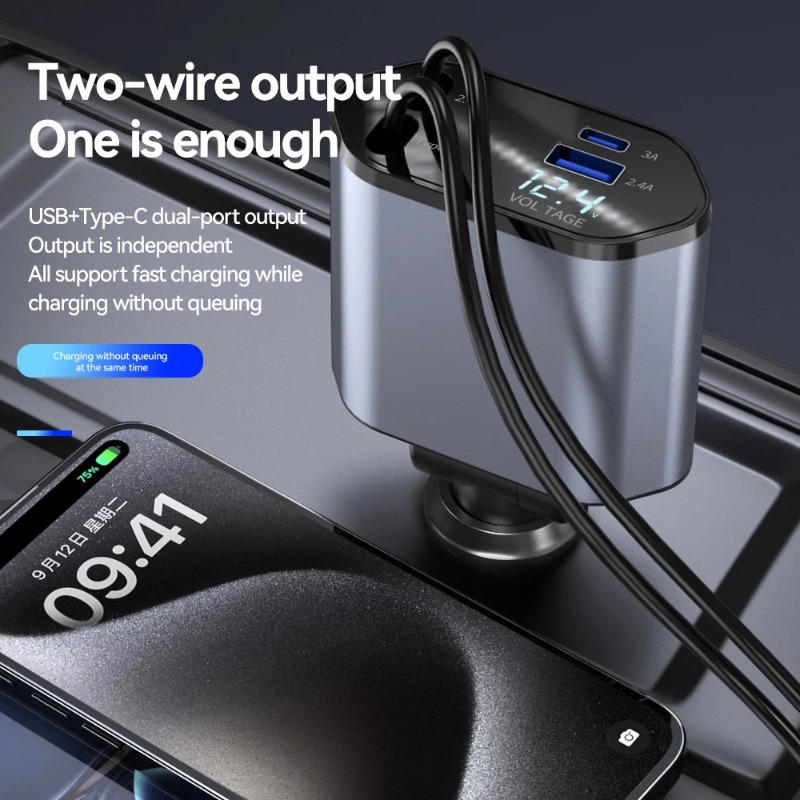 Intrekbare Autolader, 4 In 1 Snelladende Autolader 120W, Intrekbare Kabel En 2 Usb-Poorten Autolader Adapter Compatibel