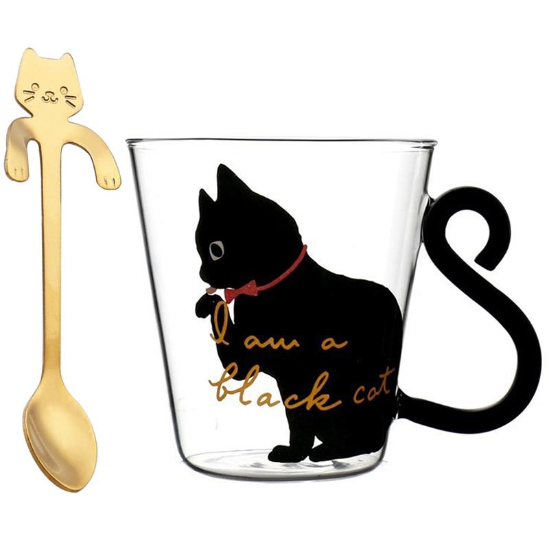 Søde katte varmebestandige kaffekrus drikkeisolering glas te kop drinkware mælk med ske: 1