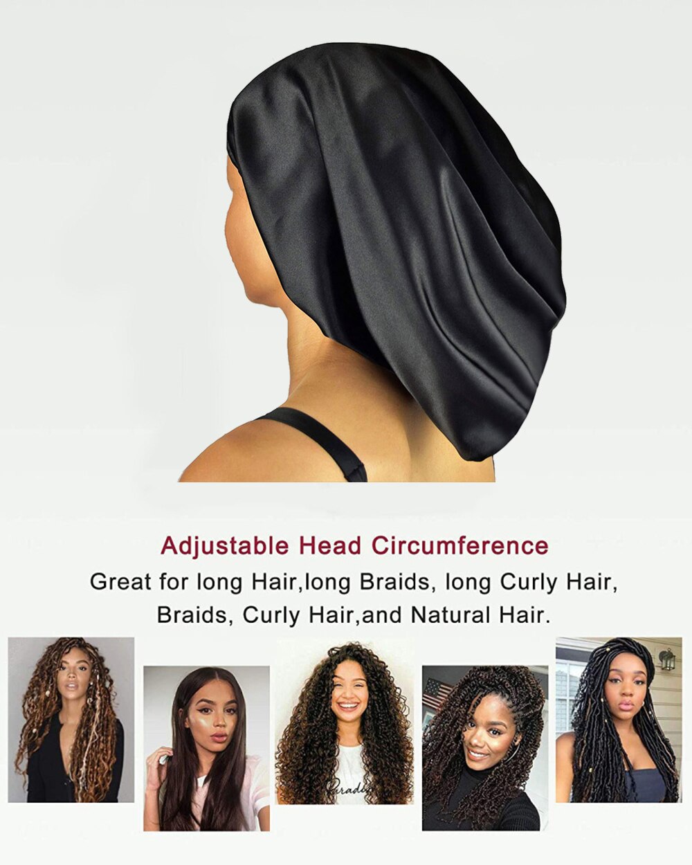 Gorro de dormir de seda 100% para mujer, funda de dormir de seda nocturna con cinta elástica para el cuidado del cabello, pelo largo 19 Momme