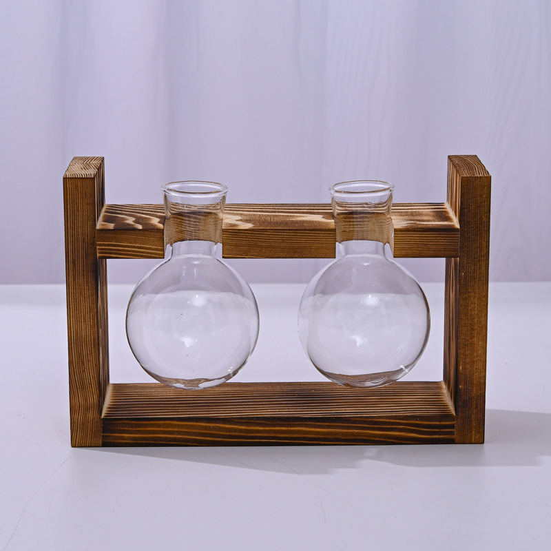 Petit Vase hydroponique avec cadre en bois, conteneur de bouteilles en verre pour plantes, décoration de maison, salon, bureau: vert clair