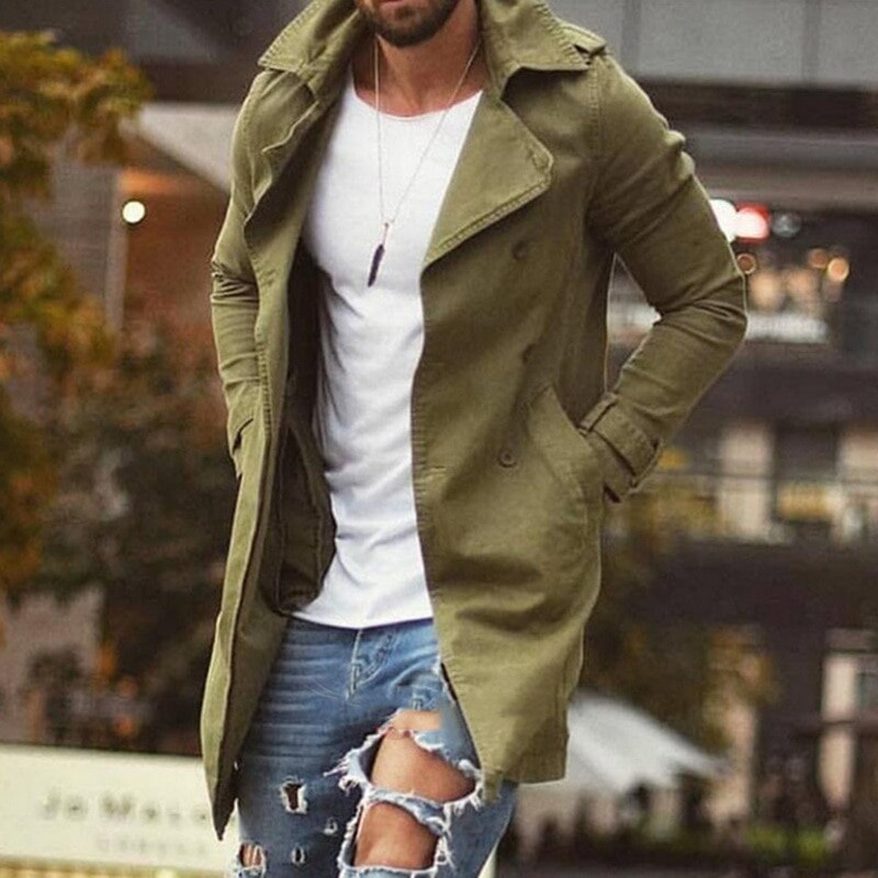Trench kaki mâle classique automne hiver longue Trench manteau hommes décontracté ample Long manteau veste hommes pardessus Streetwear: navy green / XL
