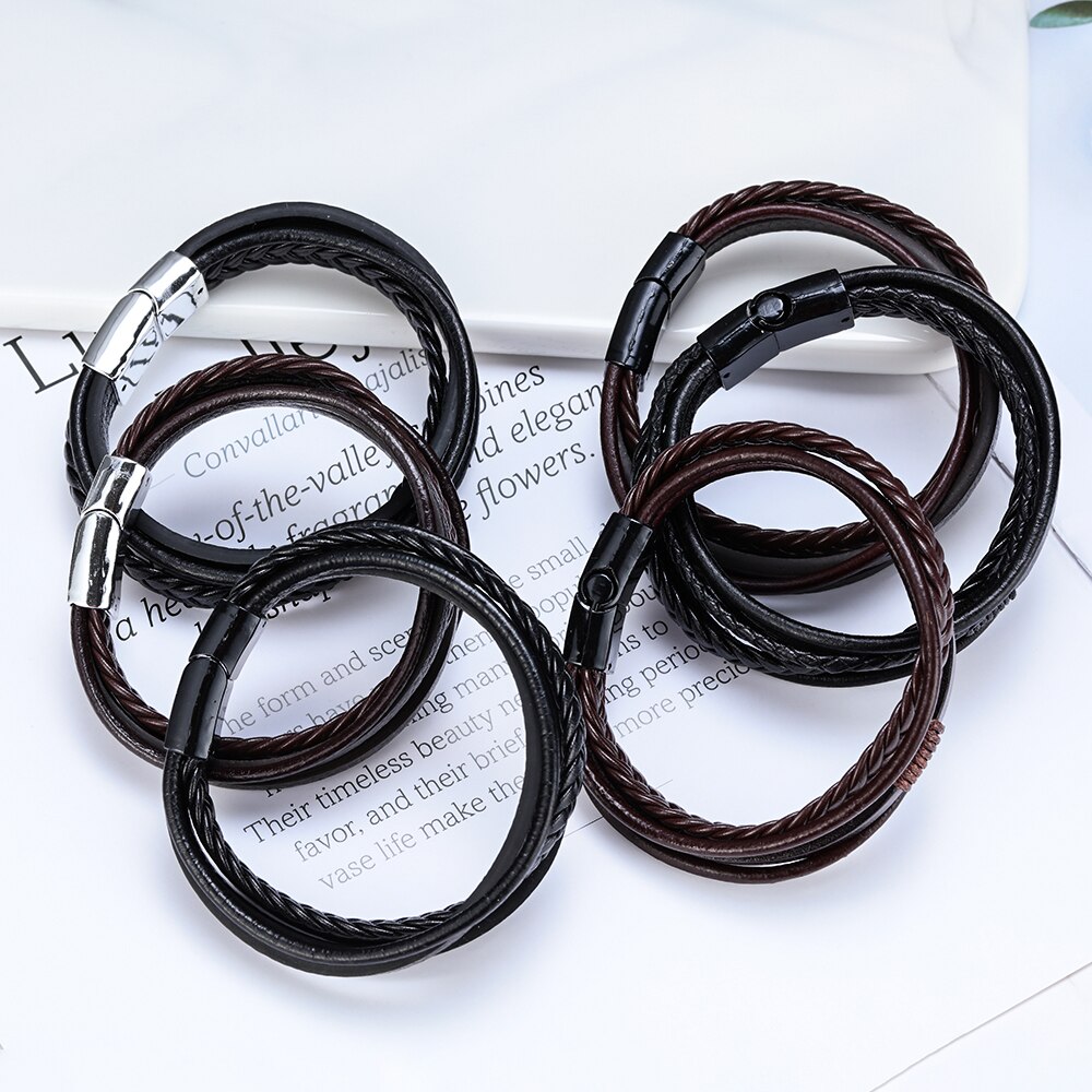 Pulseira de couro masculina, fivela de multicamada, pulseira de couro, fecho magnético, marrom, preto, 1 peça acessórios joias charme
