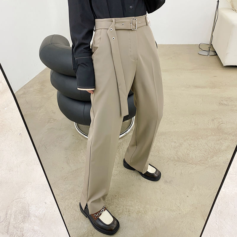 Pantalones de traje coreanos de otoño para hombre, pantalones informales de negocios de Color sólido a la ajustados, pantalones de vestir rectos para hombre con cinturón de calle
