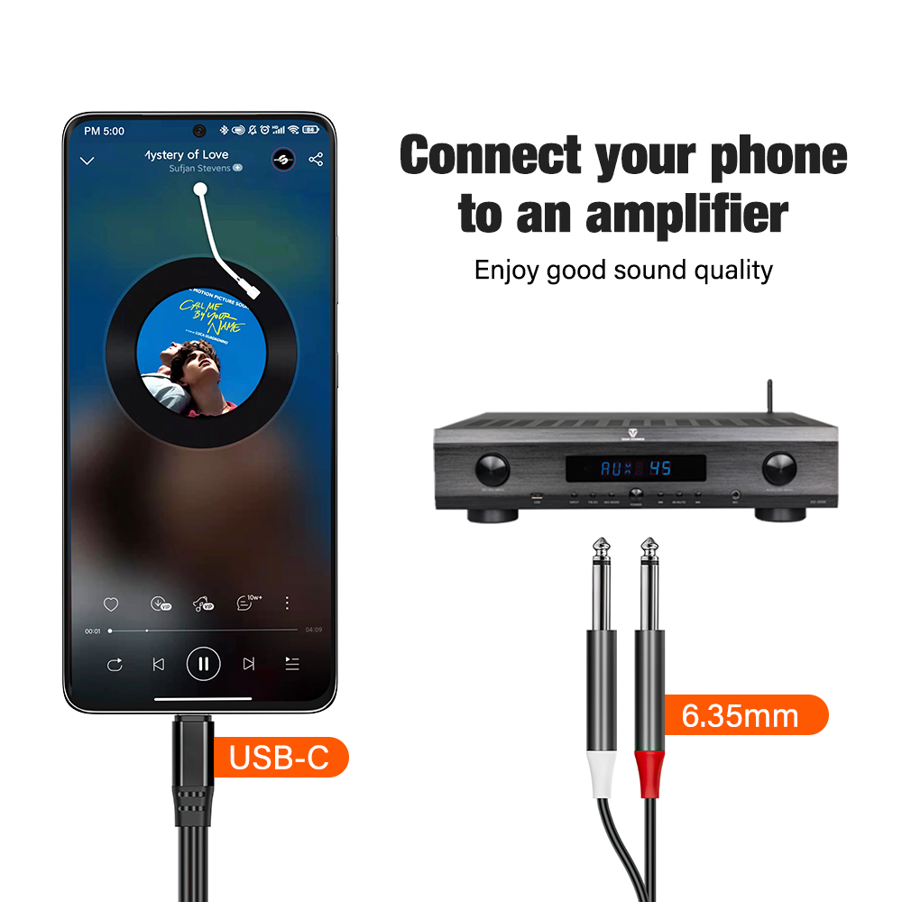 For iPhone USB Type C 3.5mm to Dual 6.35mm Adapter Audio Cable for Mixer Amplifier Speaker 6.5mm Jack Male Splitter Audio Cable