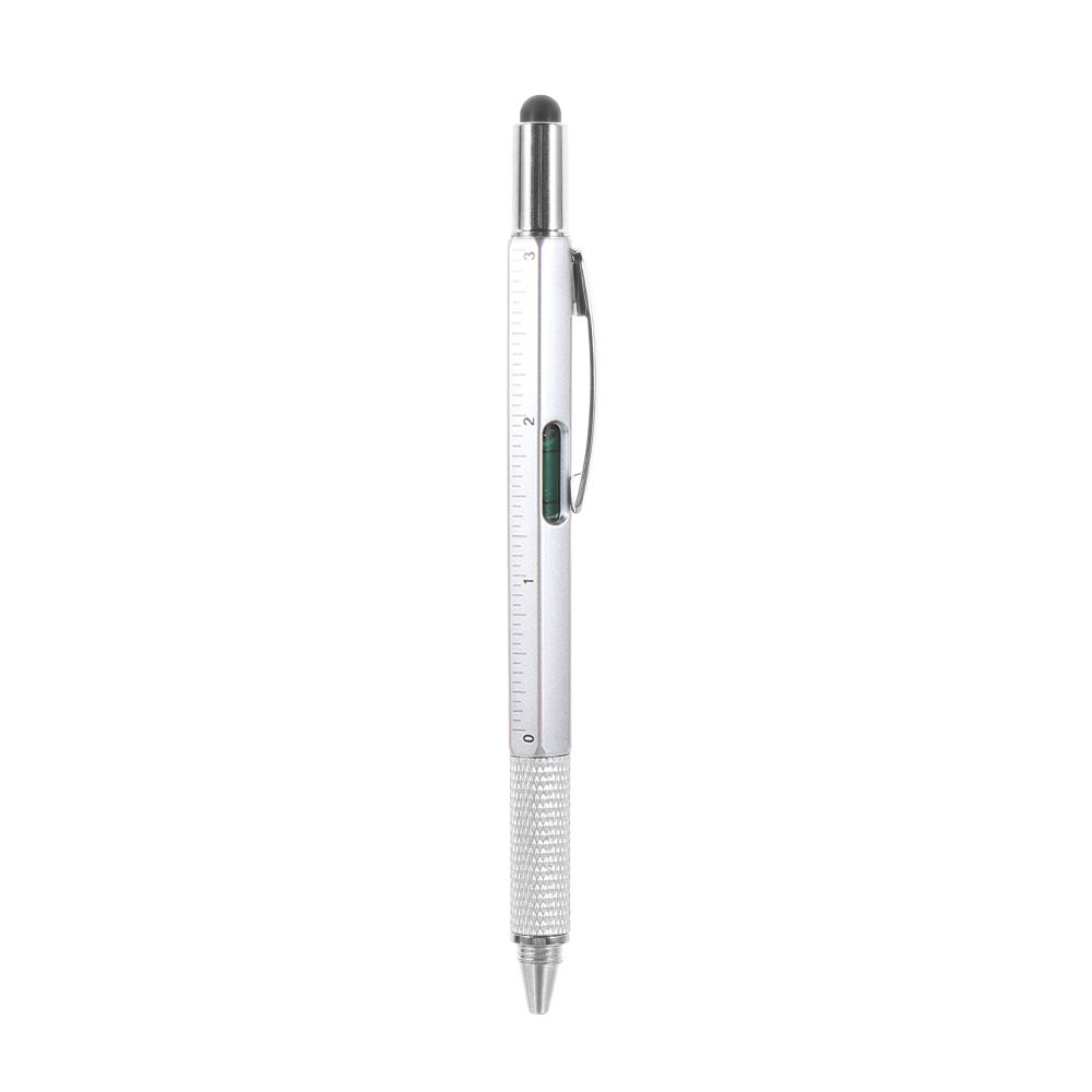 Multi-functional Capacitive Pen with Screwdriver Spirit Level Ballpoint Pen Mobile Phone Screen Touch Gadgets Construction Tools: silver