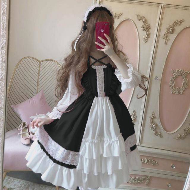 Sukienka Lolita dla kobiet Kawaii dla dziewcząt pałac Bow-knot Stiching styl japoński Vestidos szlachetny słodki Gothic szata na imprezę renesansowy: Color3Dress / M(Weight 30-55kg)