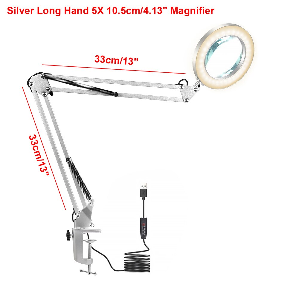 NEWACALOX Flexible Desk Large 5X USB LED Magnifying Glass 3 Colors Illuminated Magnifier Lamp Loupe Reading/Rework/Soldering: N-MCS-GY