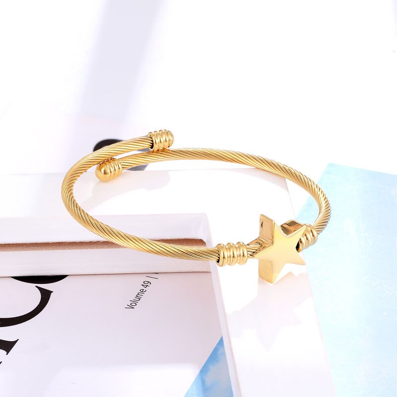 Cute Star Shape Bangle Adjustable Size Bracelet Stainless Steel Twisted Cable Wire Jewelry Women Love