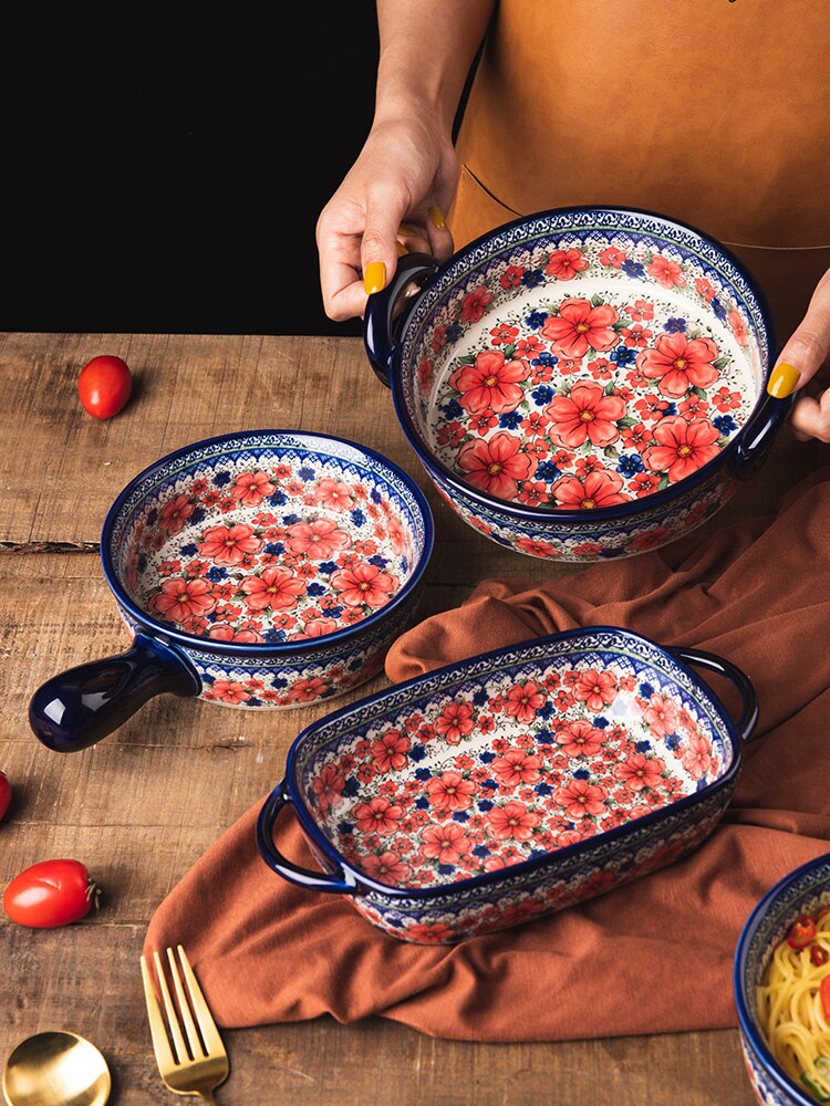 Vajilla Bohemia con de flores para el hogar, platos binaurales de cerámica con mango Retro para ensalada, Bol para el microondas, bandeja para hornear