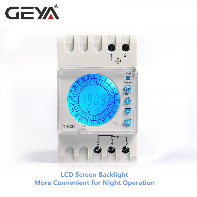 GEYA 24 Hours Programmable Time Control Switch 20A AC220V with Big LED Light Sceen Daylight Saving Timer THC-20-1C
