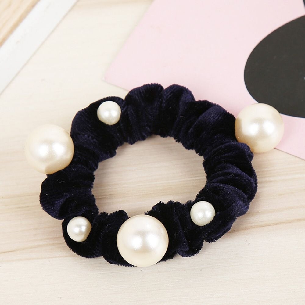 1PC Parels Velvet Hair Scrunchies Haar Touw voor Vrouwen Meisjes Paardenstaart Houder Elastische Haar Elastiekjes Hoofddeksels Haar Accessoires: Navy blue