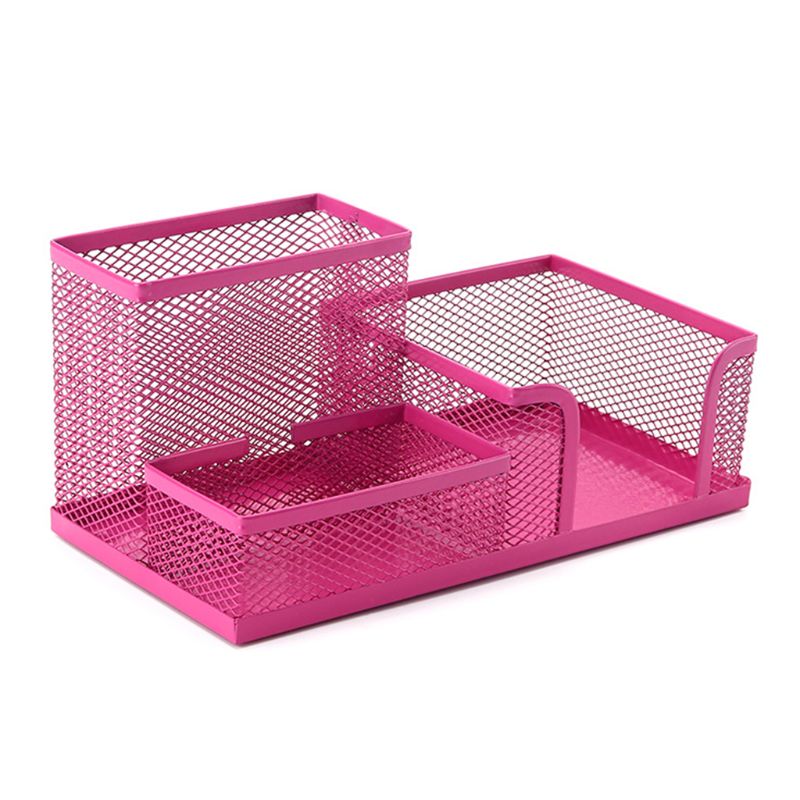 4 Colors Metal Mesh Desk Organizer Pen Pencil Storage Holder with 3 Compartments for Home Office Students Supplies Accessories: Hot Pink