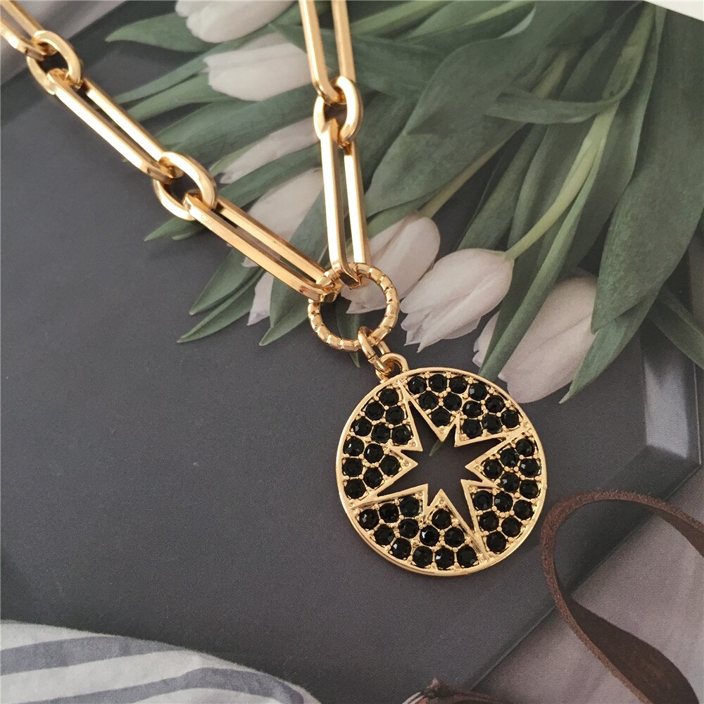 lässig Gold Farbe Beschichtung Schwarz Stein Dekoriert Stern Hohle Runde Rabatt Lange Halskette Für Frauen Mädchen Boho WunderschöNe Hübsche Schmuck