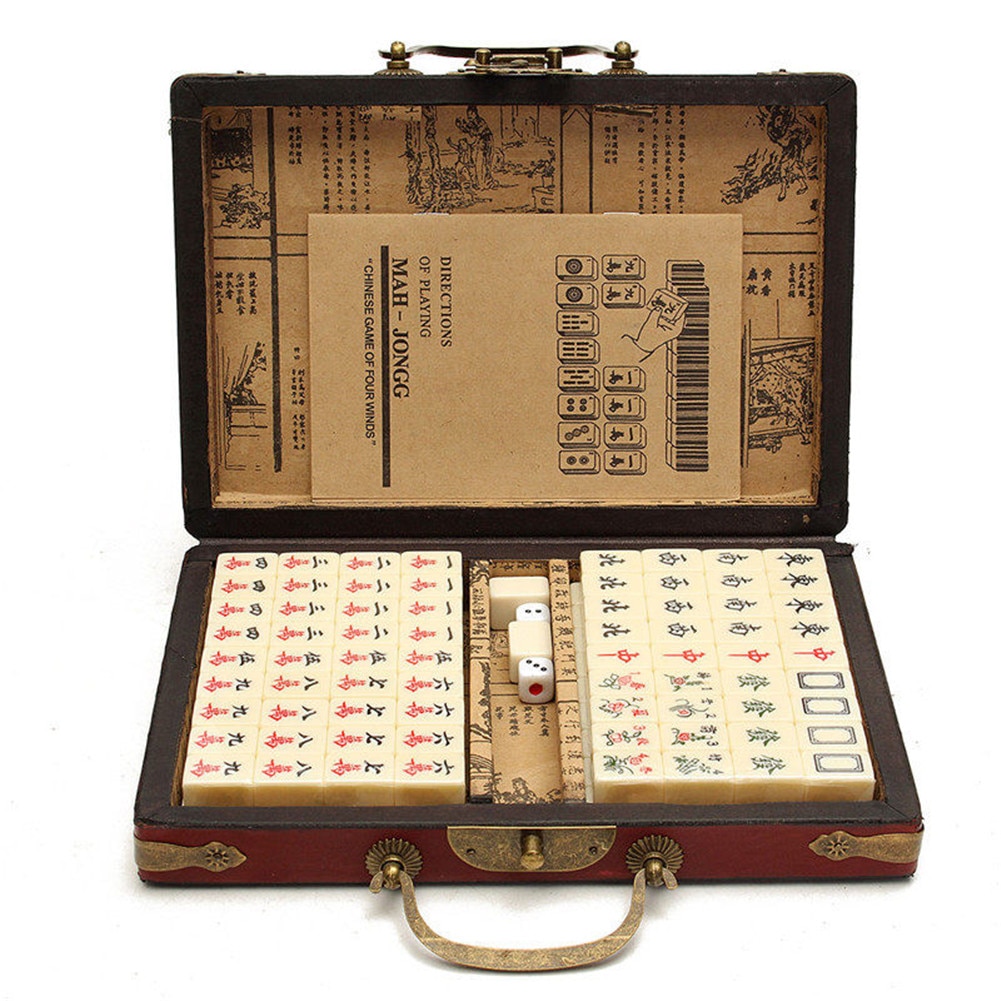 Adult Children Portable Travel Mahjong Antique Portable Leather Box Indoor Party Educational Stress Relief Toy Set