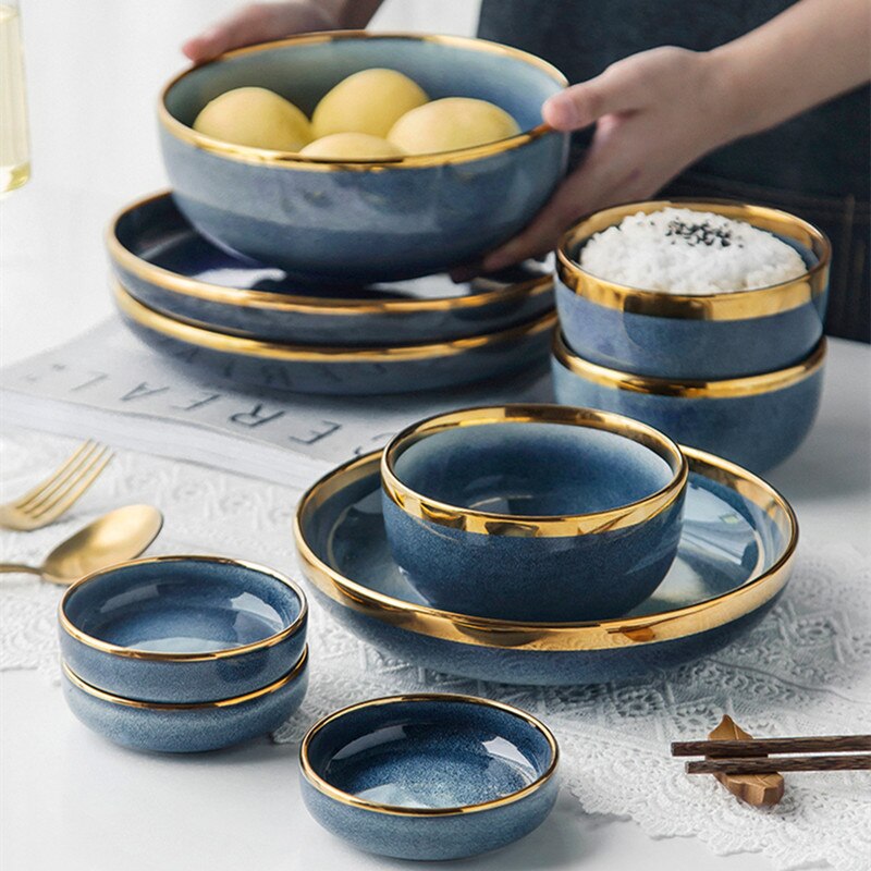 Ceramic Tableware Dishes Dinner Plates Steak Food Dessert Plate Blue Gradient Salad Soup Bowl Plates and Bowls