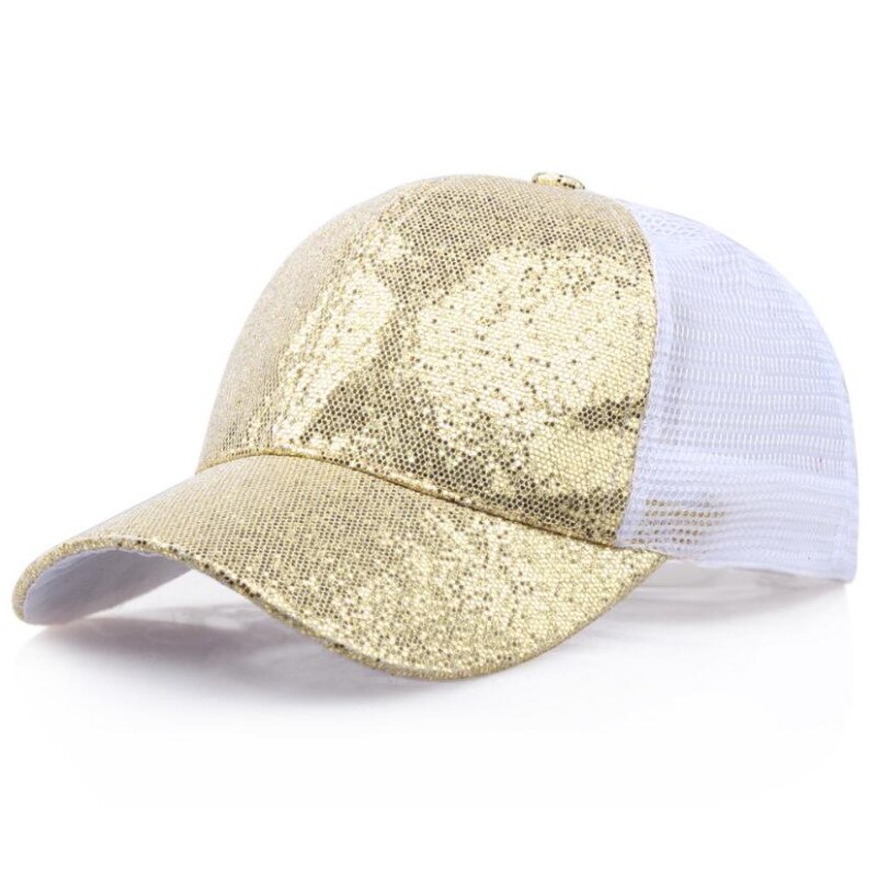 Dame mesh lerret baseball cap trucker lue sommer solbeskyttelse baseball paljetter cap 7 farger: Gull