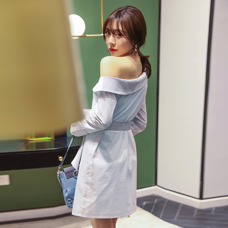 Yigelila Herfst Mode Blauwe Toevallige Enkele Breasted Flare Mouwen Gestreepte Jurk Turn-Down Kraag Met Riem Jurk 65442