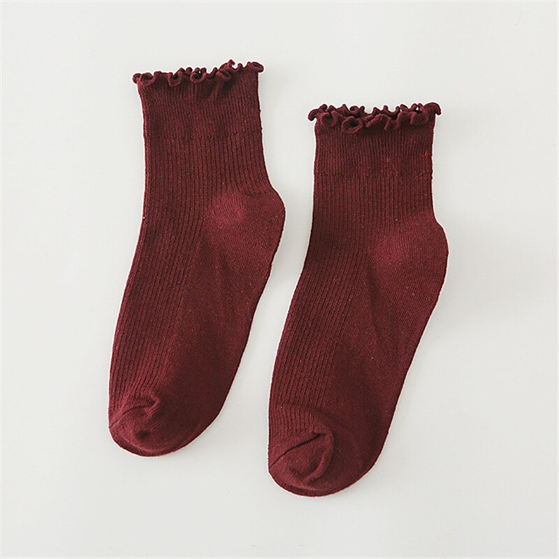 RMSWEETYIL Women Ruffle Frilly Socks Cute Lace Lettuce Kawaii Casual Solid Color Ladies Cotton Knit Ankle Low Cut Dress Sock: Socks 10
