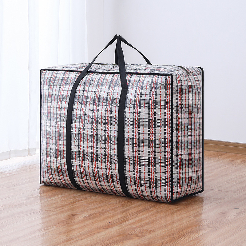 Thickened striped woven bag large capacity storage mobile bag clothes quilt luggage packaging zipper tote bag home organizer: 20*60cm / black
